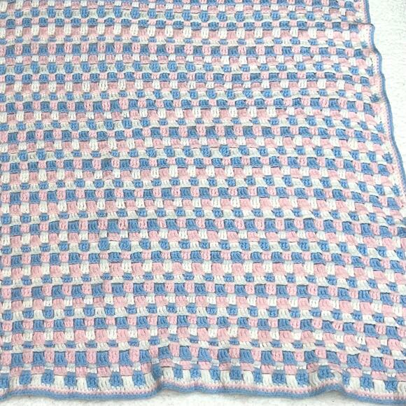 Hand Knit Crochet Throw Blanket Afghan Baby Blanket Blue/Pink/White 37”x38” - Picture 2 of 2